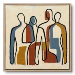 Line-art painting of four figures in mustard, blue and terracotta colour blocks on cream, natural wood frame