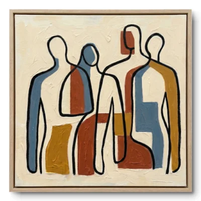 Line-art painting of four figures in mustard, blue and terracotta colour blocks on cream, natural wood frame