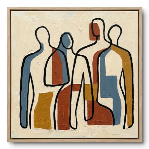 Line-art painting of four figures in mustard, blue and terracotta colour blocks on cream, natural wood frame