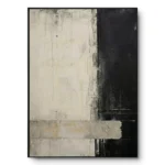 Minimalist abstract painting with a vertical split between distressed cream and black, black frame