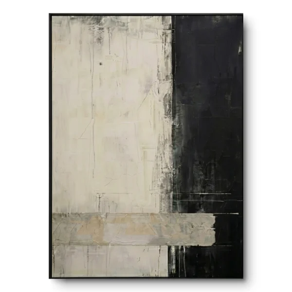 Minimalist abstract painting with a vertical split between distressed cream and black, black frame