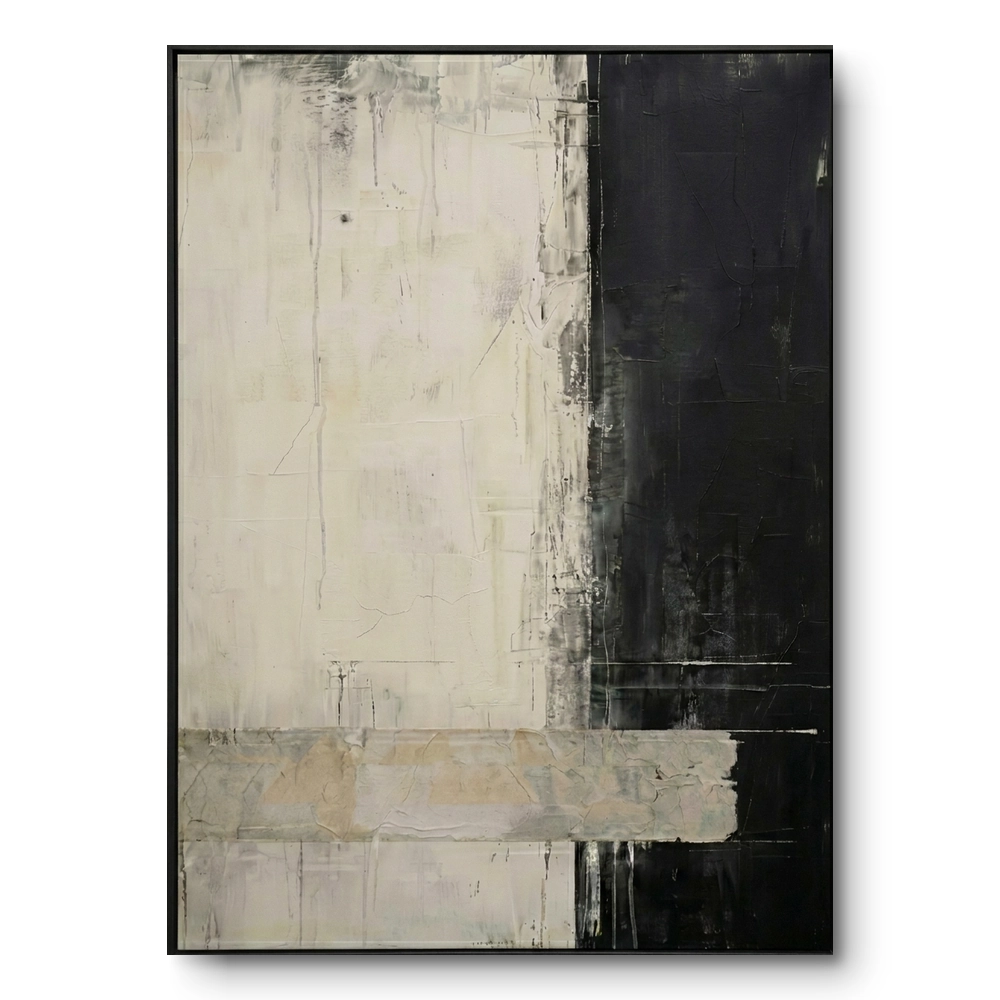 Minimalist abstract painting with a vertical split between distressed cream and black, black frame