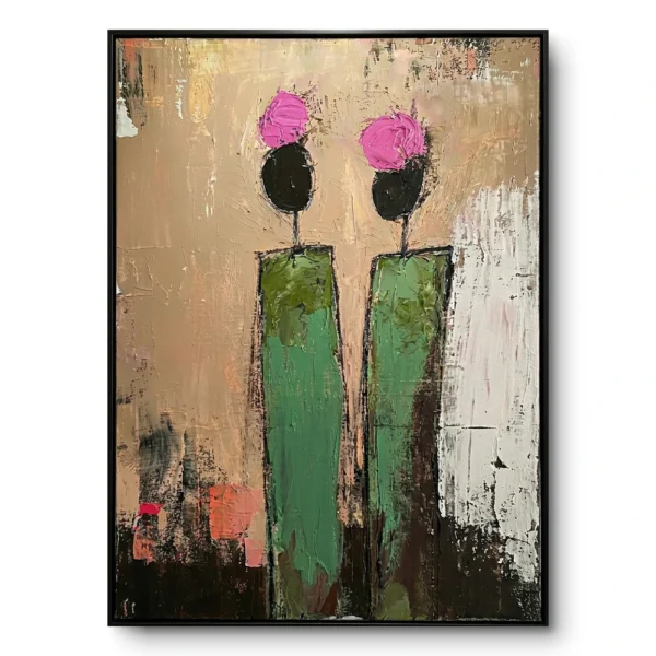 Two elongated green-robed figures with pink petal crowns on a textured tan ground fading to white, in a slim black floater frame.