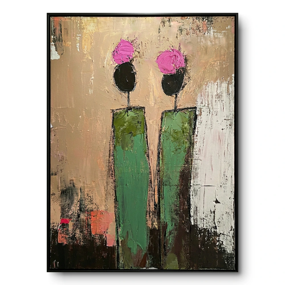 Two elongated green-robed figures with pink petal crowns on a textured tan ground fading to white, in a slim black floater frame.