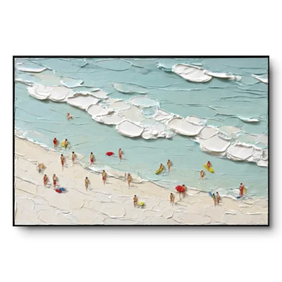 Textured aerial beach painting with a puffy surf wave and many colourful figures with pool floats on sand, black frame