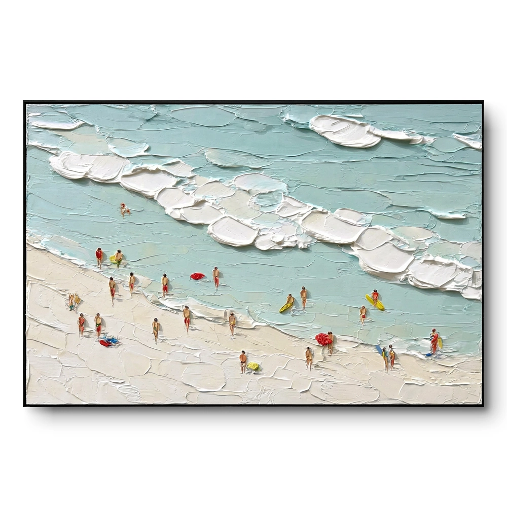 Textured aerial beach painting with a puffy surf wave and many colourful figures with pool floats on sand, black frame