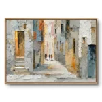 Textured painting of a Mediterranean street with archways, doors and two figures walking, natural wood frame