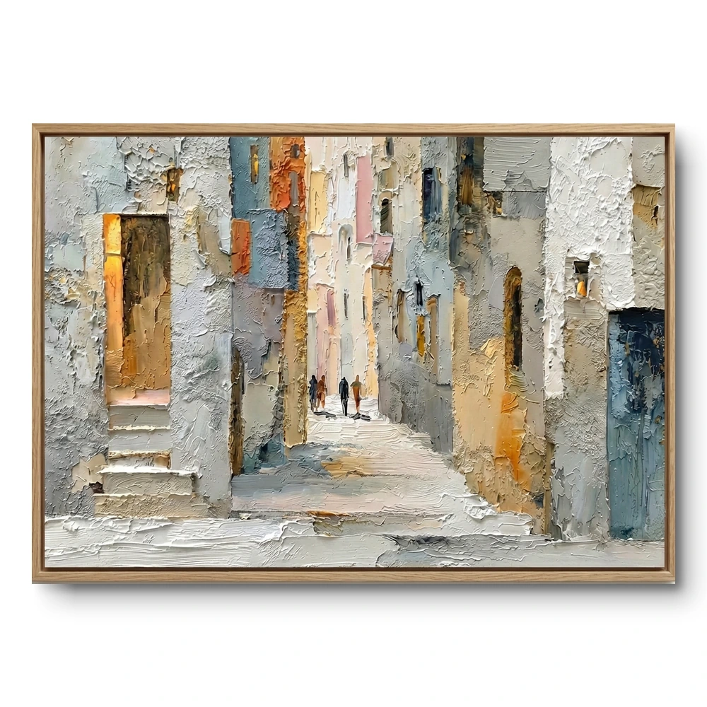 Textured painting of a Mediterranean street with archways, doors and two figures walking, natural wood frame