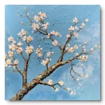 Textured painting of a white-pink cherry blossom branch on a solid pale blue ground, raw canvas edge