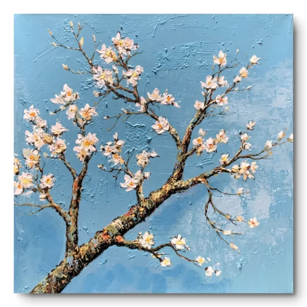 Textured painting of a white-pink cherry blossom branch on a solid pale blue ground, raw canvas edge