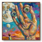 Surreal painting of a giant hand with eyes in its palm beside a glowing moon, a small boy watching from below, natural wood frame