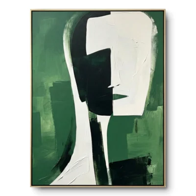 Abstract portrait painting, a profile face in white and black geometric strokes on green, gold thin frame