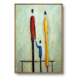 Textured painting of three elongated figures in red, blue and yellow standing together, hands joined, natural wood frame