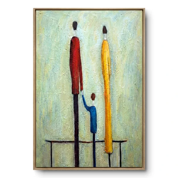 Textured painting of three elongated figures in red, blue and yellow standing together, hands joined, natural wood frame