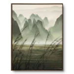 Realist painting of tall reed grasses before a misty green mountain range with a small distant boat, natural wood frame