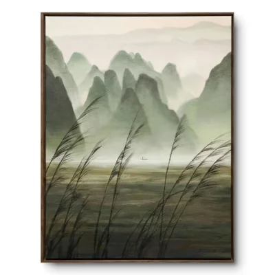 Realist painting of tall reed grasses before a misty green mountain range with a small distant boat, natural wood frame
