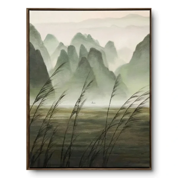Realist painting of tall reed grasses before a misty green mountain range with a small distant boat, natural wood frame