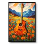 Textured still life painting of a guitar standing in a field of orange tulips with blue mountains behind, black frame