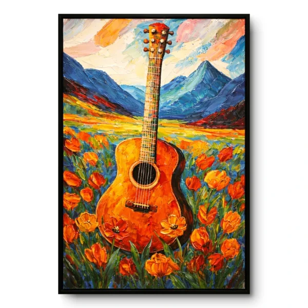 Textured still life painting of a guitar standing in a field of orange tulips with blue mountains behind, black frame