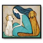 Folk-art painting of a woman with blue hair kneeling beside a white cat and golden dog, black frame