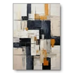 Geometric abstract painting of dense cream, black and gold blocks with fine line accents, grey thin frame