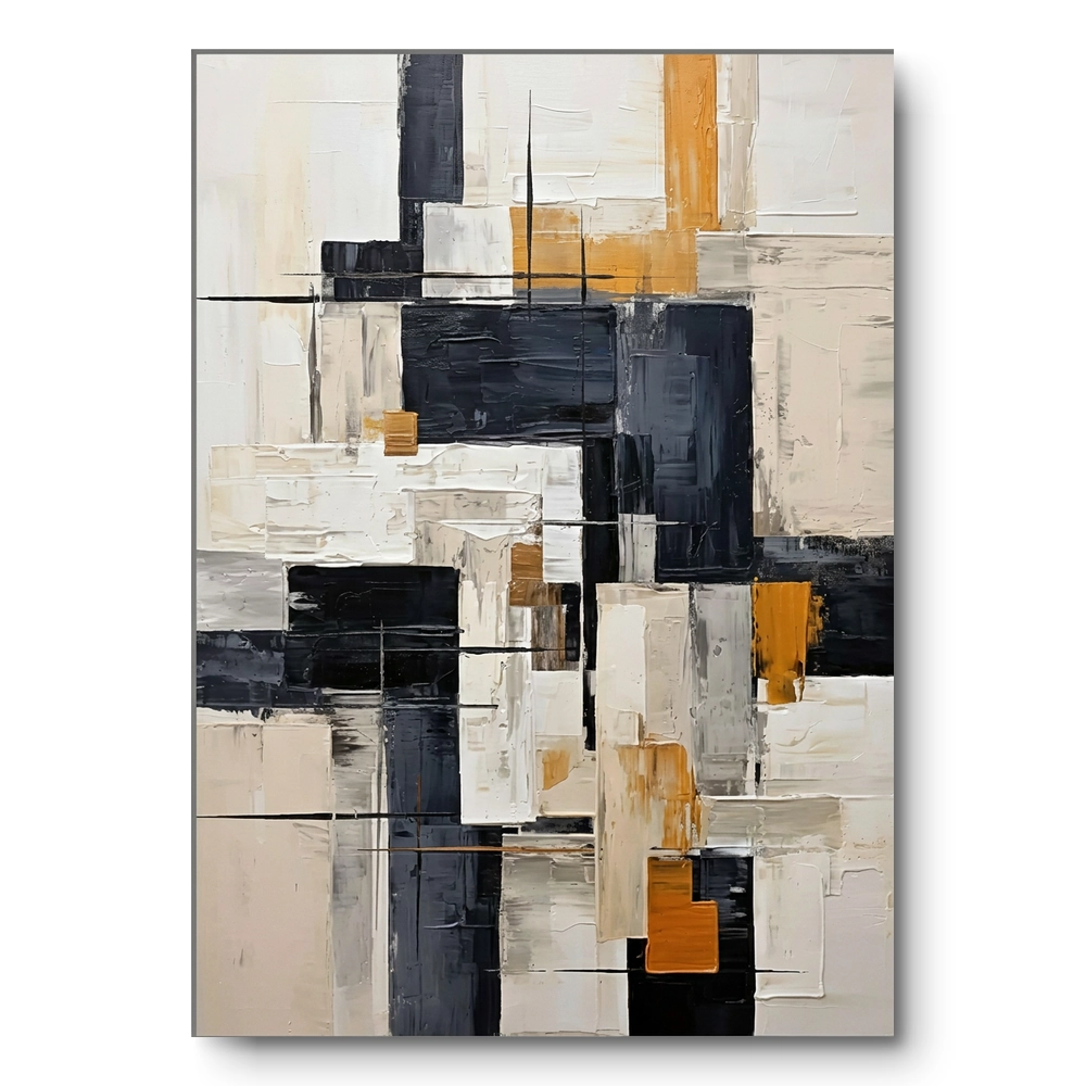 Geometric abstract painting of dense cream, black and gold blocks with fine line accents, grey thin frame