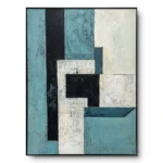 Geometric abstract painting of interlocking teal-blue and black blocks with cream sections, black frame