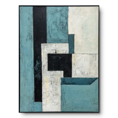Geometric abstract painting of interlocking teal-blue and black blocks with cream sections, black frame