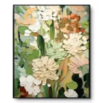 Textured painting of white, cream, peach and orange flowers with green leaves, black frame
