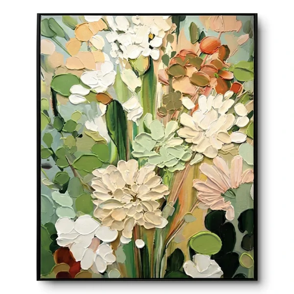 Textured painting of white, cream, peach and orange flowers with green leaves, black frame