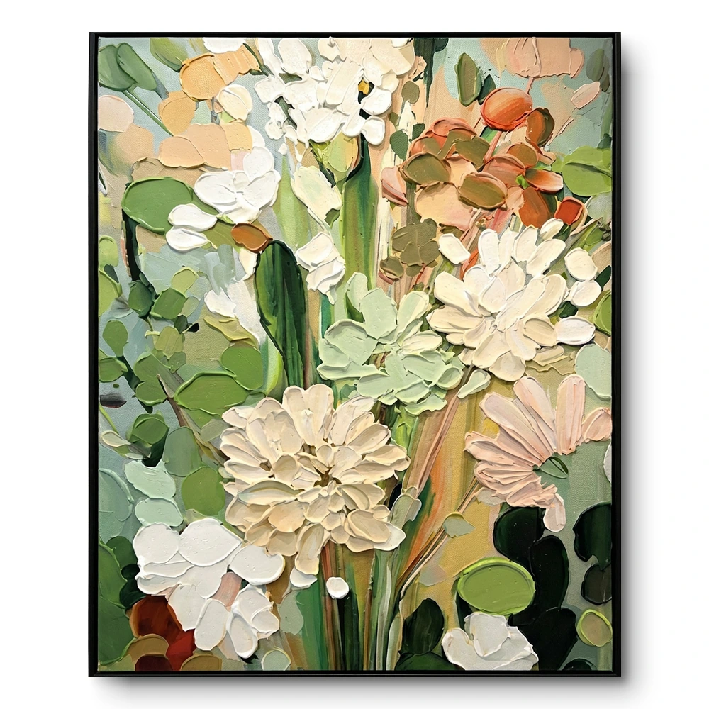 Textured painting of white, cream, peach and orange flowers with green leaves, black frame