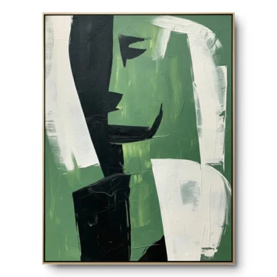 Abstract portrait painting of a profile face in bold black and white geometric strokes on green, gold thin frame