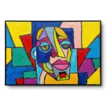 Textured cubist portrait painting, a face fractured into a full rainbow of colour blocks, black frame