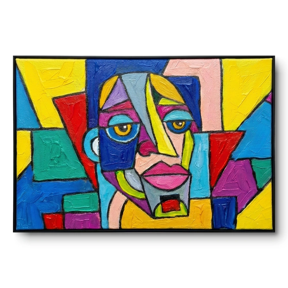 vibrant-cubist-visage-colorful-geometric-face-painting-abstract-art Textured cubist portrait painting, a face fractured into a full rainbow of colour blocks, black frame