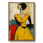Textured cubist painting of a woman in a yellow dress standing three-quarter view against red-teal blocks, natural wood frame