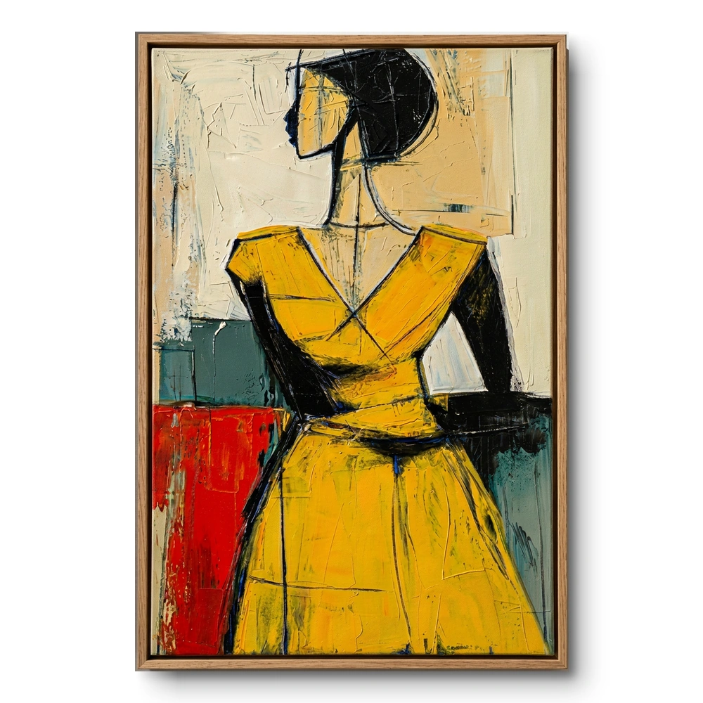 vibrant-geometric-figure-textured-colorful-female-silhouette-art-color-art Textured cubist painting of a woman in a yellow dress standing three-quarter view against red-teal blocks, natural wood frame