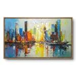 Textured painting of a vividly multicolour skyscraper skyline reflected in water, light wood frame, panoramic