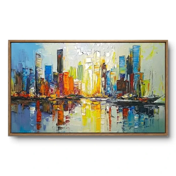 Textured painting of a vividly multicolour skyscraper skyline reflected in water, light wood frame, panoramic