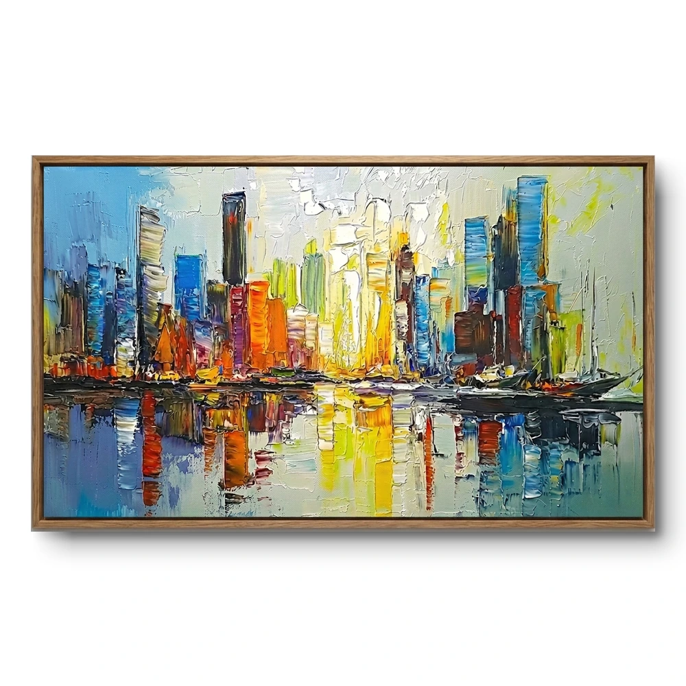 vibrant-metropolis-abstract-thick-texture-colorful-cityscape-color-art Textured painting of a vividly multicolour skyscraper skyline reflected in water, light wood frame, panoramic