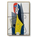 Cubist portrait painting of a woman with red hair and a fragmented geometric face in a yellow striped dress, gold thin frame
