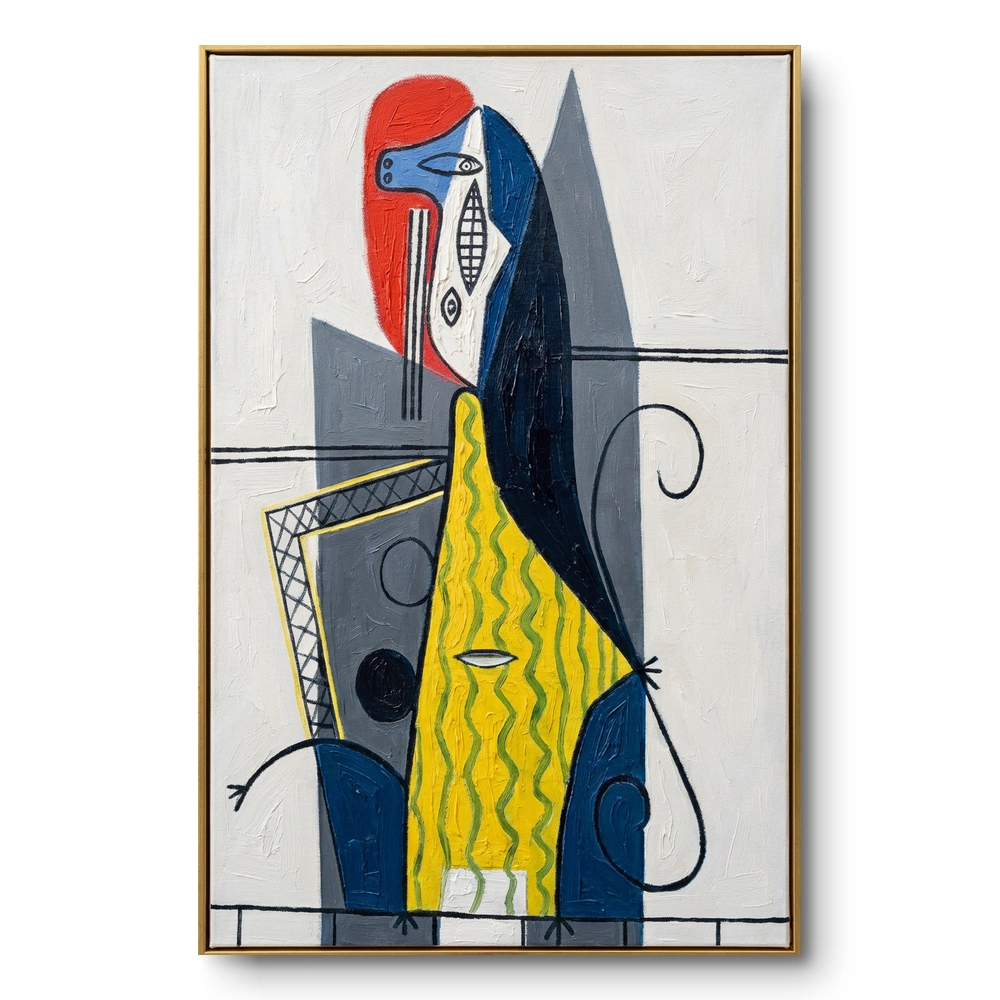 vibrant-muse-cubist-figure-composition-color-art Cubist portrait painting of a woman with red hair and a fragmented geometric face in a yellow striped dress, gold thin frame