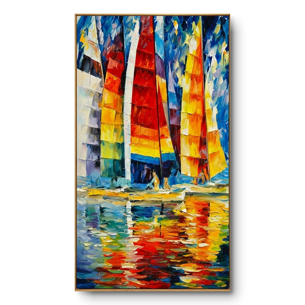vibrant-regatta-impressionistic-sailboat-scene-color-art Impressionist painting of sailboats with red, orange, yellow and purple sails clustered together, light wood frame