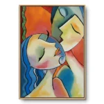 Painting of two stylised faces in a warm embrace, soft orange-blue-cream watercolour washes, light wood frame