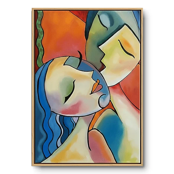 Painting of two stylised faces in a warm embrace, soft orange-blue-cream watercolour washes, light wood frame