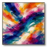 Abstract painting of swirling multicolour brushstrokes converging toward a central point, silver thin frame