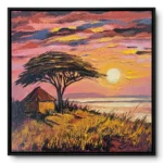 Acacia tree and thatched hut silhouetted in impasto against a pink, purple and gold sunset sky, framed in a slim black frame.