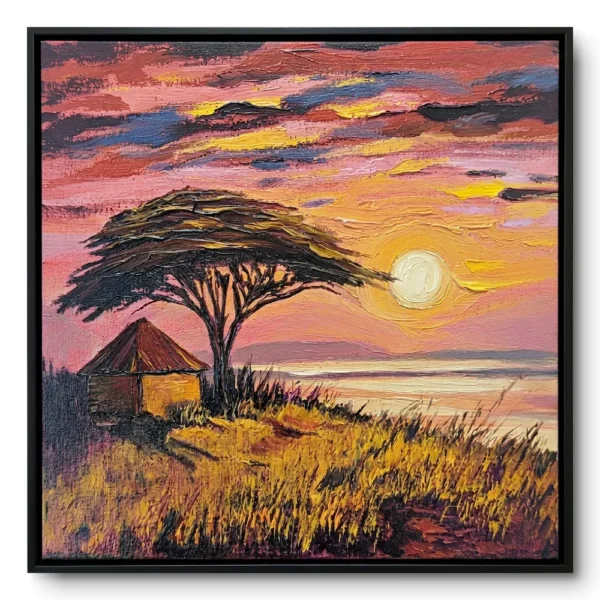 Acacia tree and thatched hut silhouetted in impasto against a pink, purple and gold sunset sky, framed in a slim black frame.