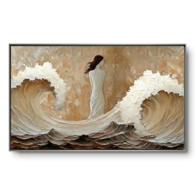 Textured painting of a figure standing between two symmetrical breaking waves in tan and brown impasto, grey thin frame, panoramic