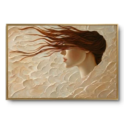 Textured realist portrait of a woman with long red-brown hair flowing into a cream cloud-like background, gold thin frame