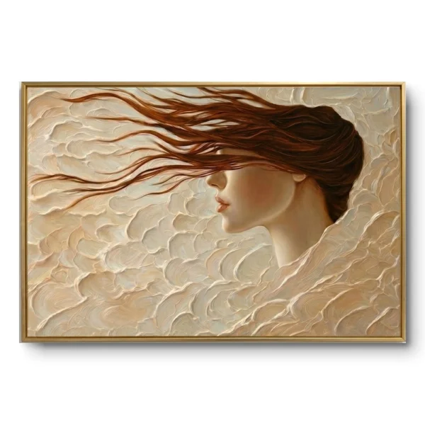 Textured realist portrait of a woman with long red-brown hair flowing into a cream cloud-like background, gold thin frame